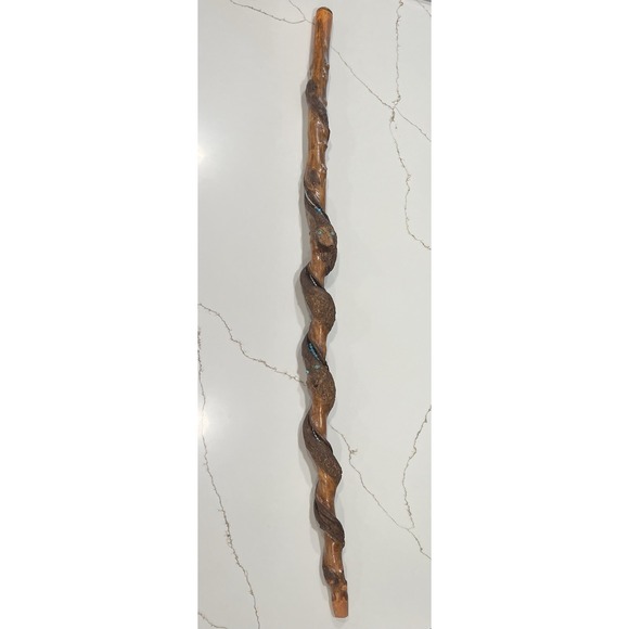 Handmade Accessories - Hand Carved Wooden Walking Stick Spiral Cane with Turquoise Silver Inlay 51"